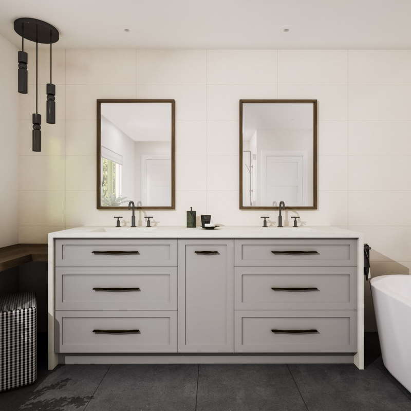 Unités de vanité de salle de bain en laque montées au sol en bois Shaker gris clair 72 pouces double miroir