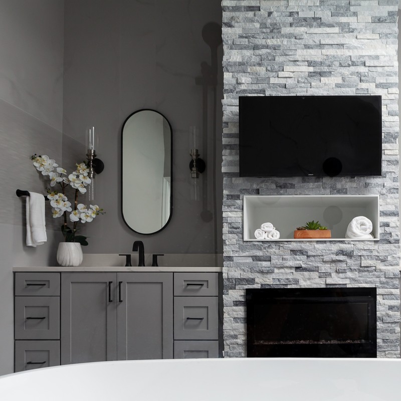 Unités de vanité de salle de bain en laque de style shaker gris neutre de luxe combinées avec 2 portes 6 tiroirs