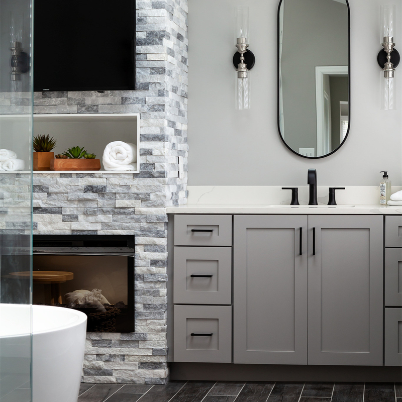 Unités de vanité de salle de bain en laque de style shaker gris neutre de luxe combinées avec 2 portes 6 tiroirs