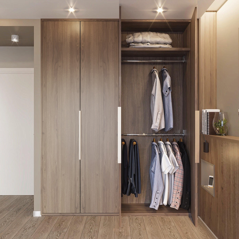 Moderne j'ai formé le bois de garde-robe de porte d'oscillation donne au placage une consistance rugueuse de bois de construction avec le cabinet de luxe léger mené de chambre à coucher