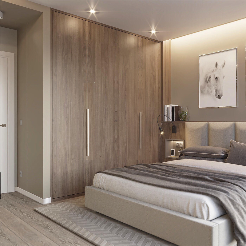 Moderne j'ai formé le bois de garde-robe de porte d'oscillation donne au placage une consistance rugueuse de bois de construction avec le cabinet de luxe léger mené de chambre à coucher