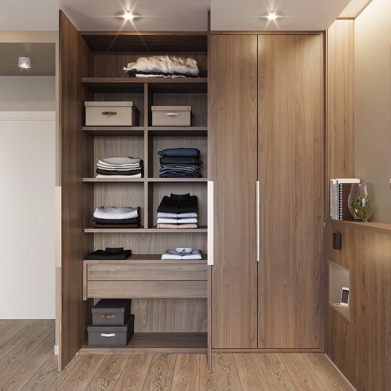 Moderne j'ai formé le bois de garde-robe de porte d'oscillation donne au placage une consistance rugueuse de bois de construction avec le cabinet de luxe léger mené de chambre à coucher