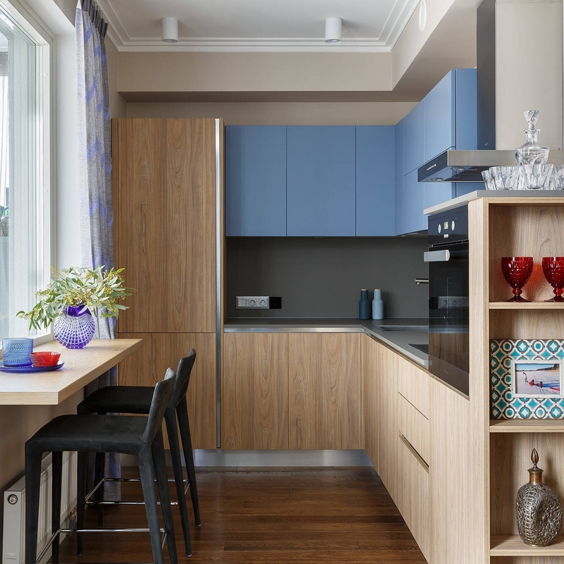 Cuisine libre de poignée de laque de buffet en bois de couleur bleue de grain réglée avec la partie supérieure du comptoir