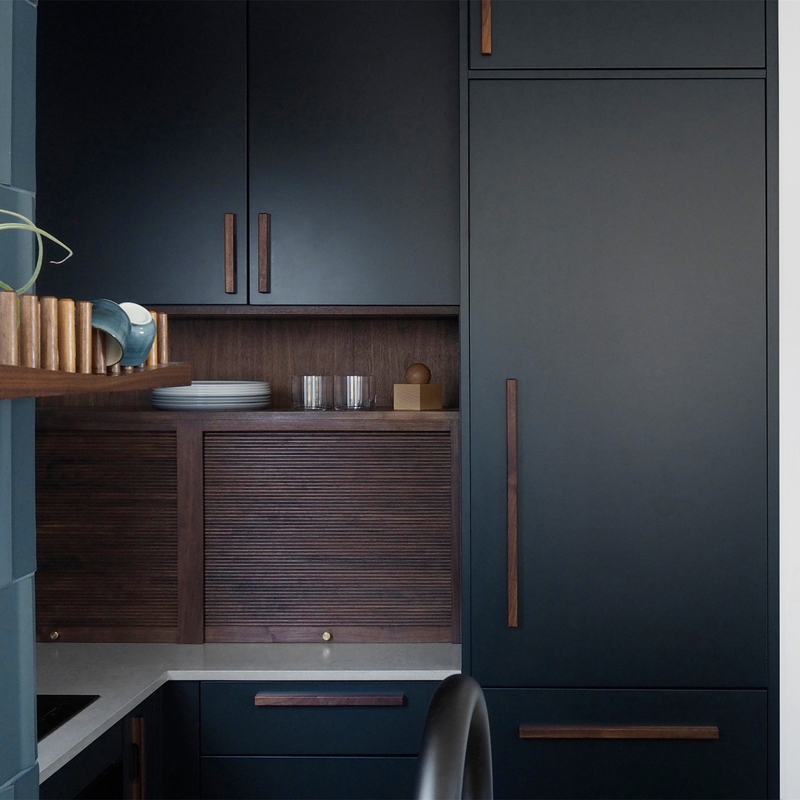 L'espace U d'économies de conception moderne d'hôtel forment la poignée en bois Matte Lacquer Finish Cabinets bleu-foncé de petite cuisine