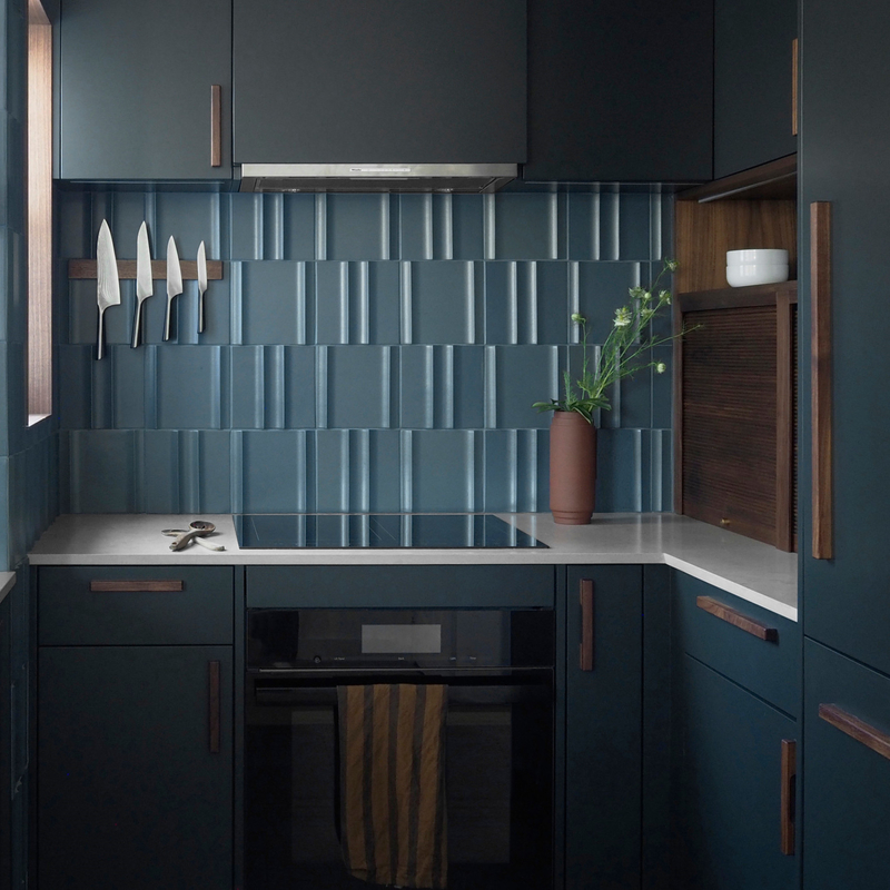L'espace U d'économies de conception moderne d'hôtel forment la poignée en bois Matte Lacquer Finish Cabinets bleu-foncé de petite cuisine