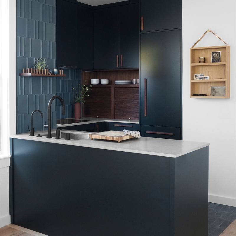 L'espace U d'économies de conception moderne d'hôtel forment la poignée en bois Matte Lacquer Finish Cabinets bleu-foncé de petite cuisine