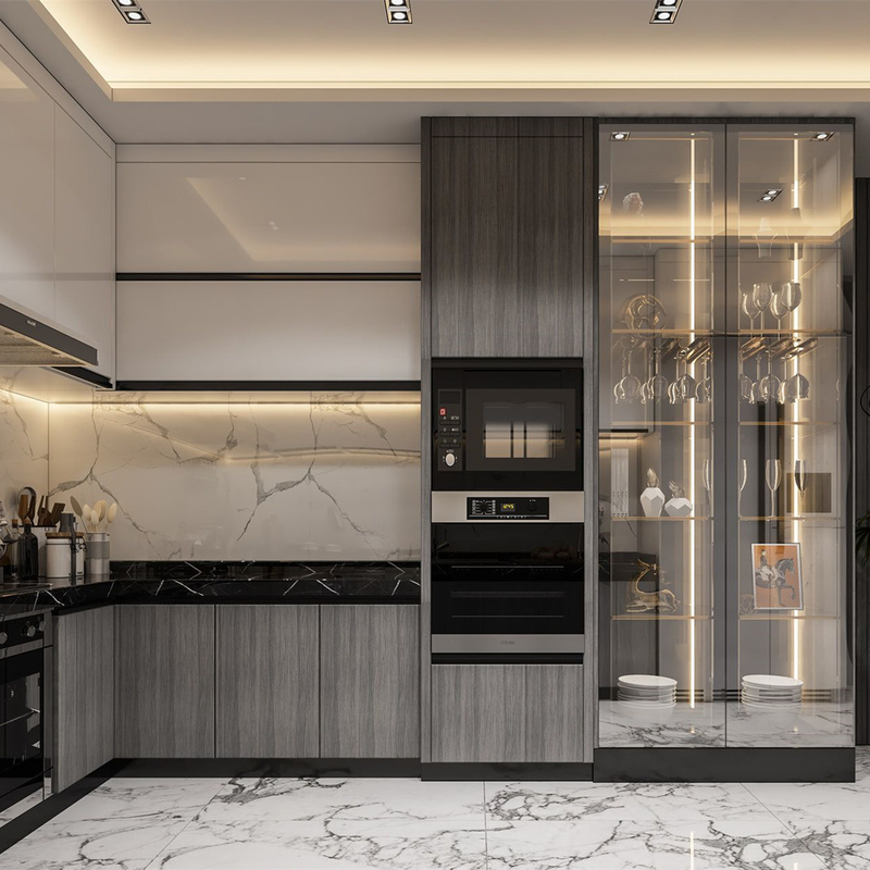 Les coffrets d'étalage en verre faisants le coin de luxe de cuisine préparent pour assembler la cuisine moderne de Cabinets de laque de Storge
