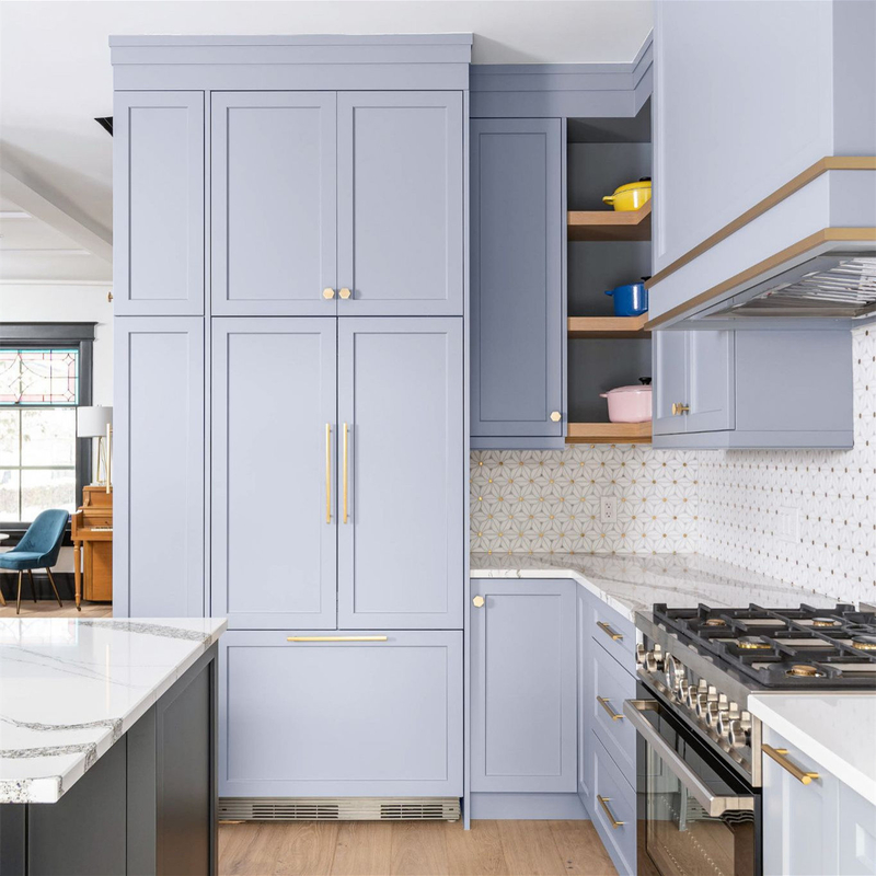 Conception personnalisée complète Shaker Villa Grisailleux bleu en bois massif Standards armoire de cuisine armoire en bois fabriquée en Chine